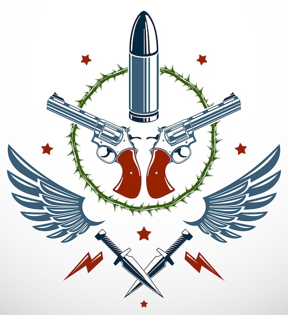 Balas e armas vetoriais emblema da revolução e guerra, logotipo ou tatuagem com muitos elementos de design diferentes, conceito de anarquia e caos, estilo criminoso e gangster, tema de tensão social.