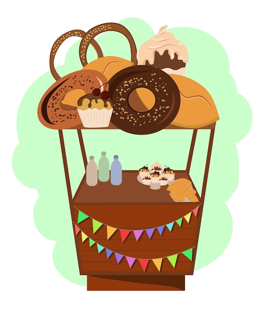 Vetor balcão engraçado bonito com bolos rosquinhas pretzels e tortas
