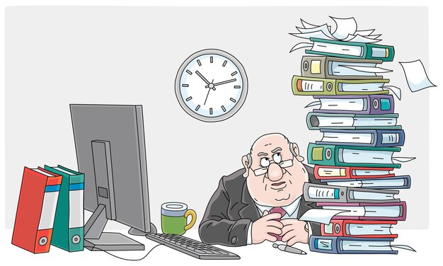 Balconista gordo com raiva em sua mesa de escritório com um computador e uma grande pilha de pastas