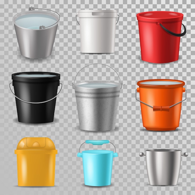 Balde balde e balde de plástico bitbucket vazio ou com água balde no jardim e balde de lixo ou balde para jardinagem conjunto ilustração isolado em fundo transparente