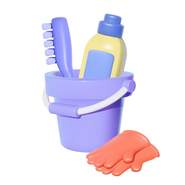 Vetor balde com luvas uma escova e agente de limpeza vetor 3d isolado
