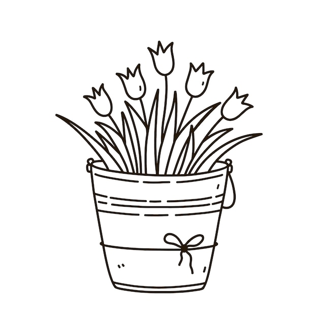 Balde com tulipas isoladas no fundo branco lindo buquê de flores no estilo doodle