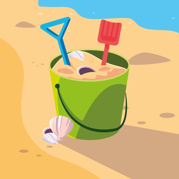 Vetor balde de areia na praia