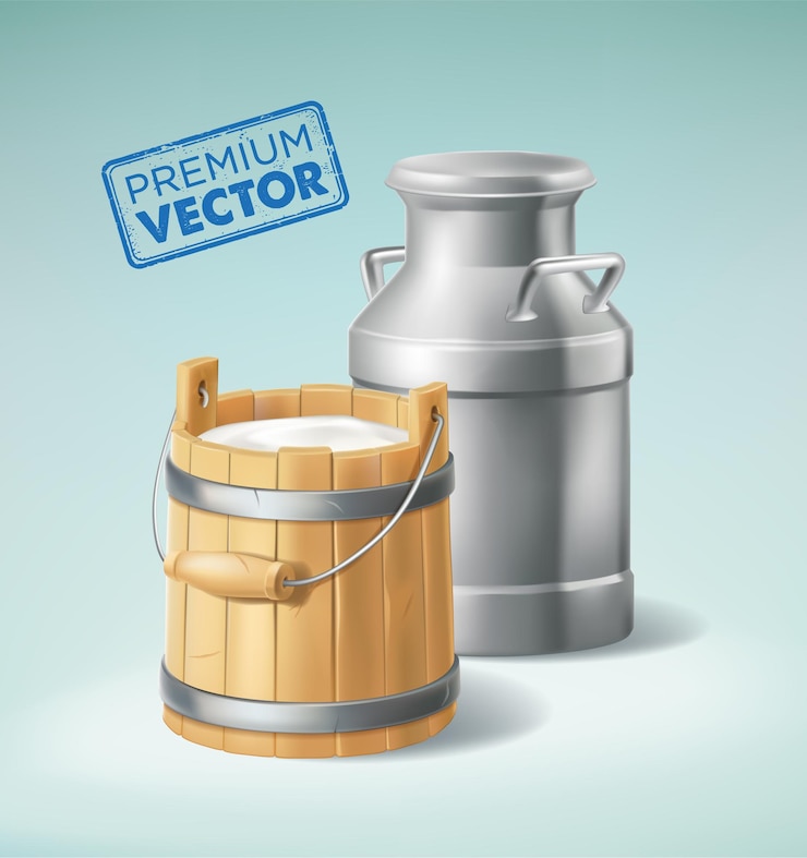 Vetor balde de madeira com lata de leite pode conter vetor de ilustração 3d isolado