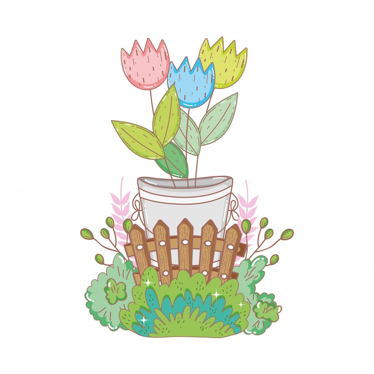 Vetor balde de metal com flores com arbusto