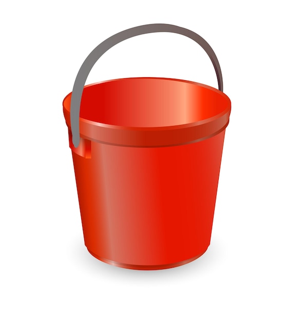 Balde de plástico vermelho realista de ilustração vetorial com uma alça preta e uma inscrição. Fundo branco isolado. Um balde cheio para lavar comida, água e bebida. Balde de tarefas domésticas.