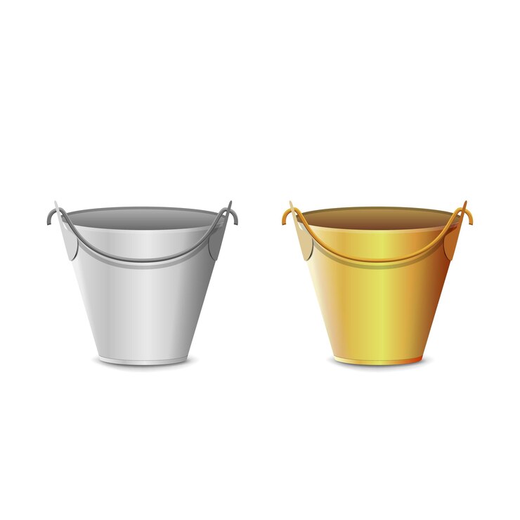 Vetor baldes 3d realistas de prata e ouro isolados