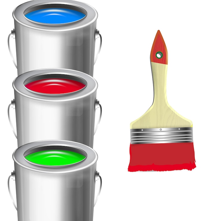 Vetor baldes com tinta e um pincel 3d ilustração vetorial