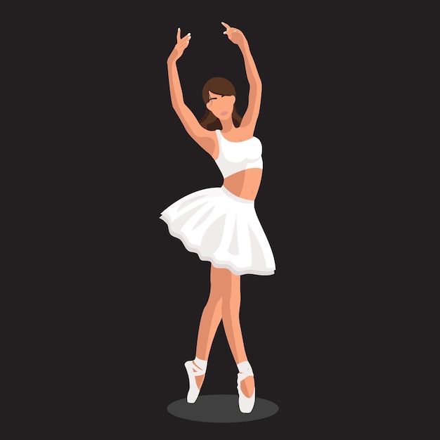 Balé clássico de ilustração vetorial Dançarina de balé branca caucasiana em tutu branco e sapatilhas de ponta dançando em fundo preto Bela jovem bailarina sem rosto em um estilo plano