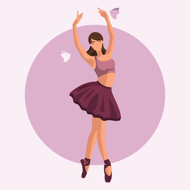 Balé clássico de ilustração vetorial Dançarina de balé caucasiana de mulher branca em um tutu e sapatilhas de ponta dançando com borboletas no fundo do círculo roxo em um estilo simples