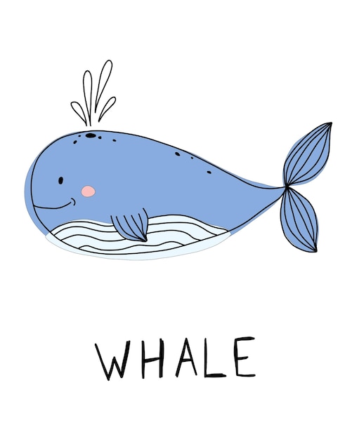 Baleia bonita isolada com doodle mar oceano texto animal submarino desenhado à mão