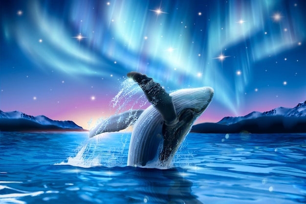Vetor baleia rompendo com aurora de sonho