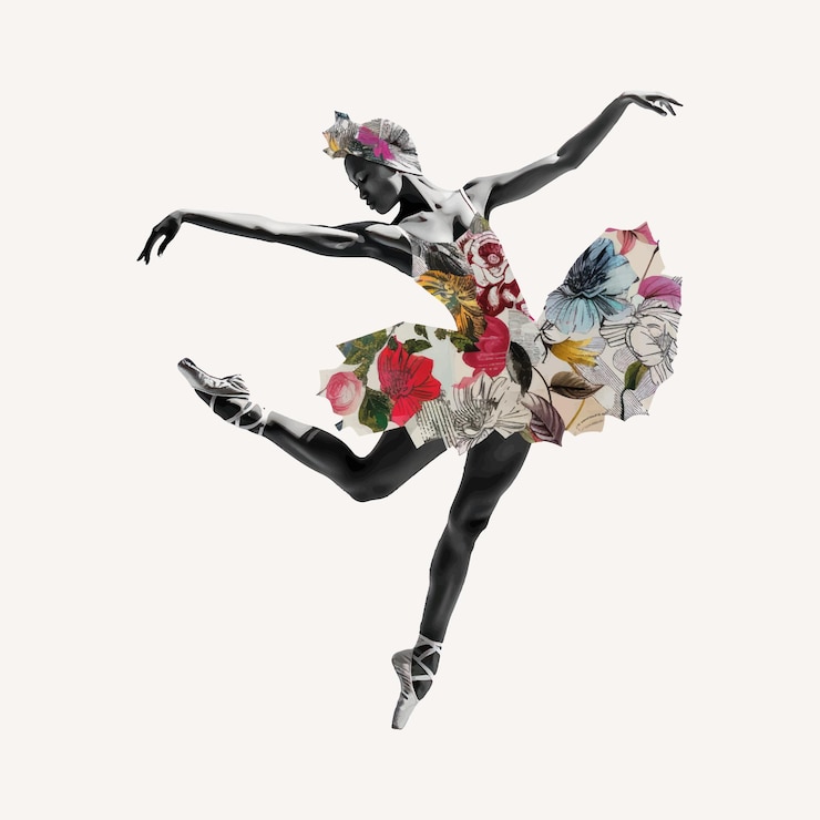 Vetor balerina elegante com colagem floral