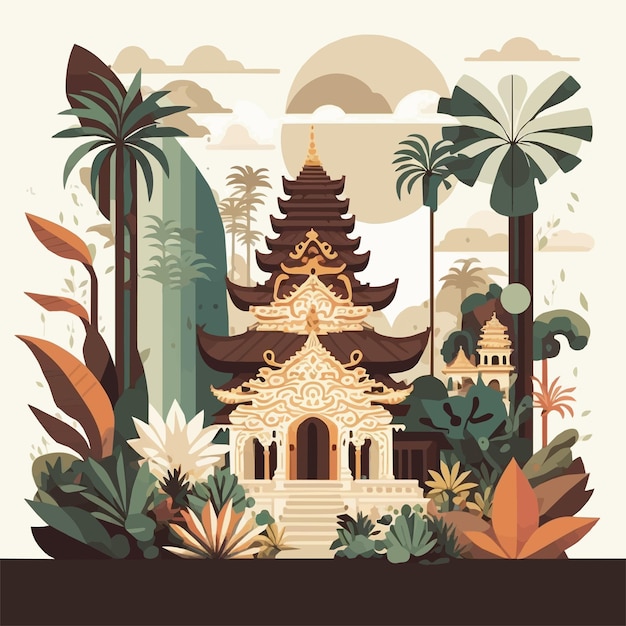 Bali Templo Hindu Nyepi Dia do Silêncio Indonésia Ilha Vector Ilustração Plana