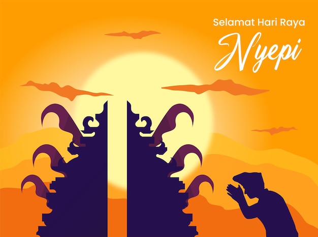 Balis dia de silêncio ilustração vetorial nyepi com belo templo do pôr do sol e orando