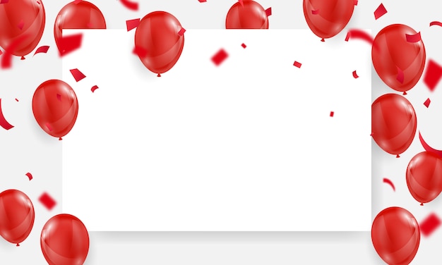 Balões brancos vermelhos, modelo de design de conceito de confete