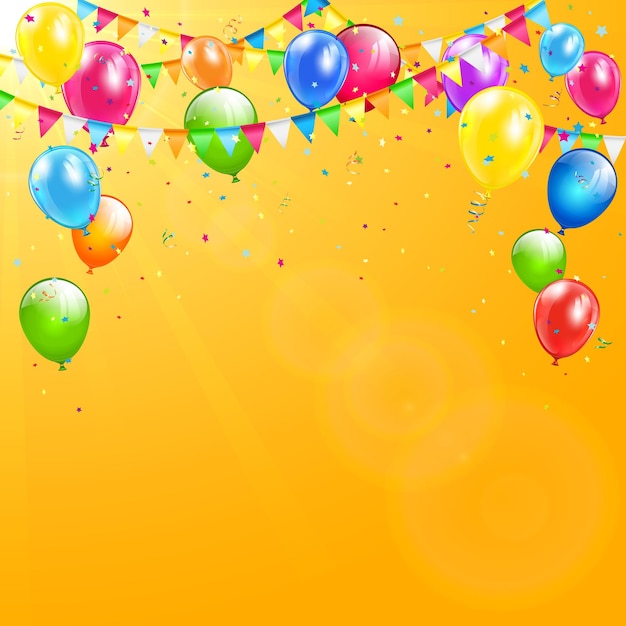Vetor balões coloridos voadores, flâmulas multicoloridas e confetes em fundo laranja com ilustração de luz solar