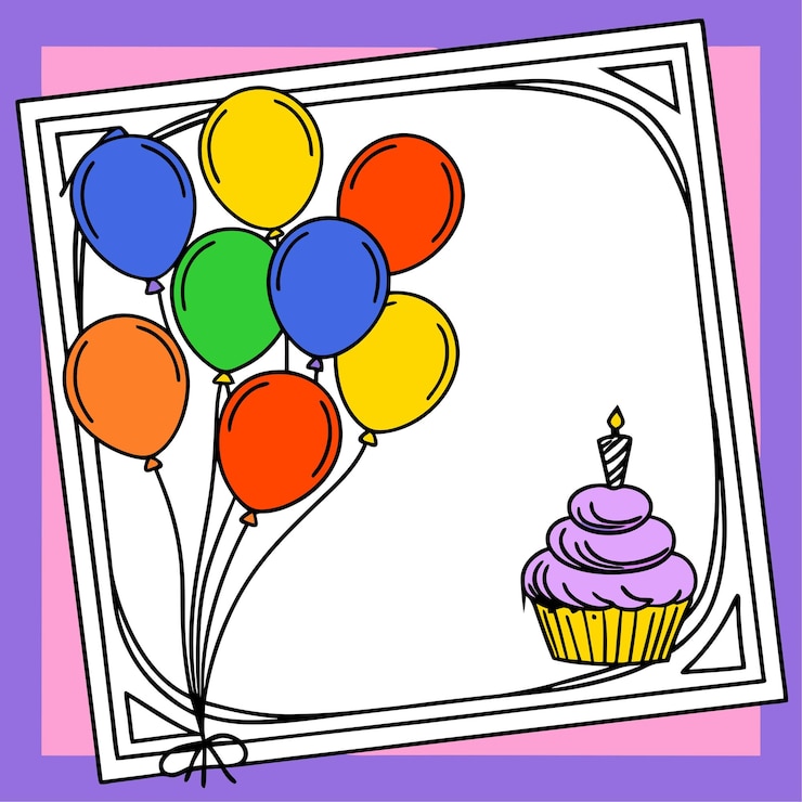 Vetor balões de aniversário, amplificador, moldura de bolo, diversão colorida.