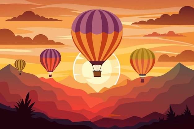 Vetor balões de ar quente ao nascer do sol em silhueta contra um céu brilhante