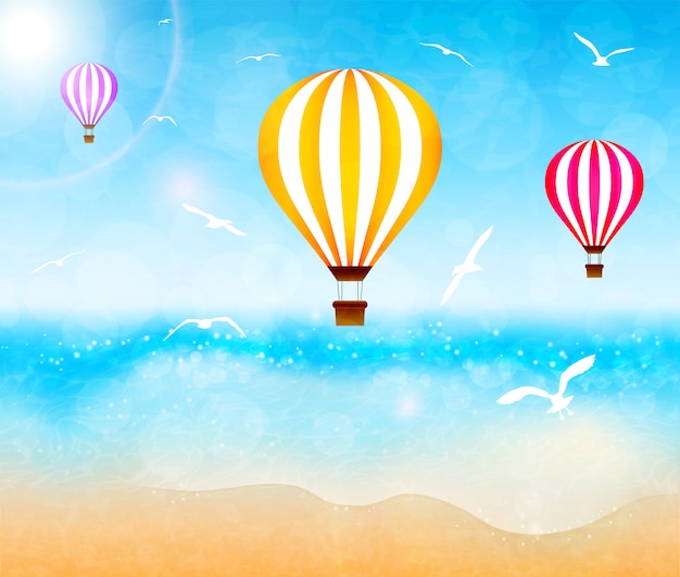Balões de ar quente coloridos sobre o mar. ilustração vetorial