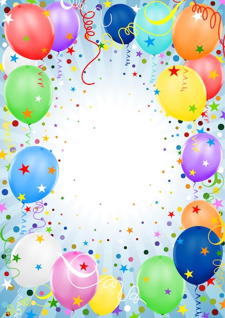 Balões de festa colorida com confetes coloridos caindo e pontos com estrelas em fundo listrado