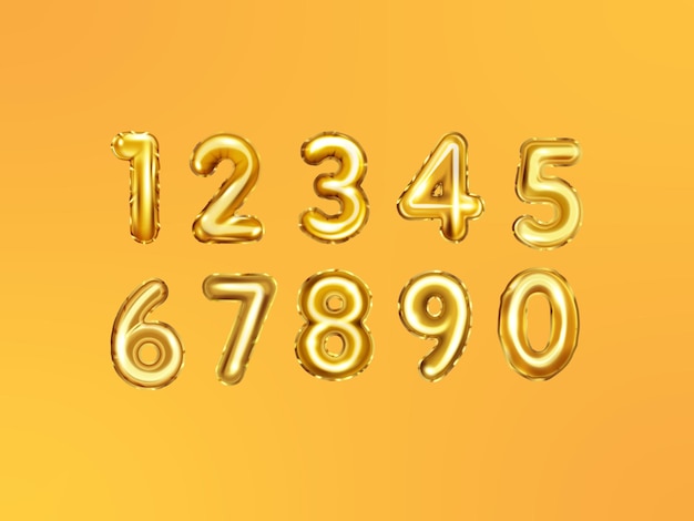 Balões de Ouro Alfabeto e Números 3D Letras de Balão de Ouro Realistas 0 a 9 Vector Clipart