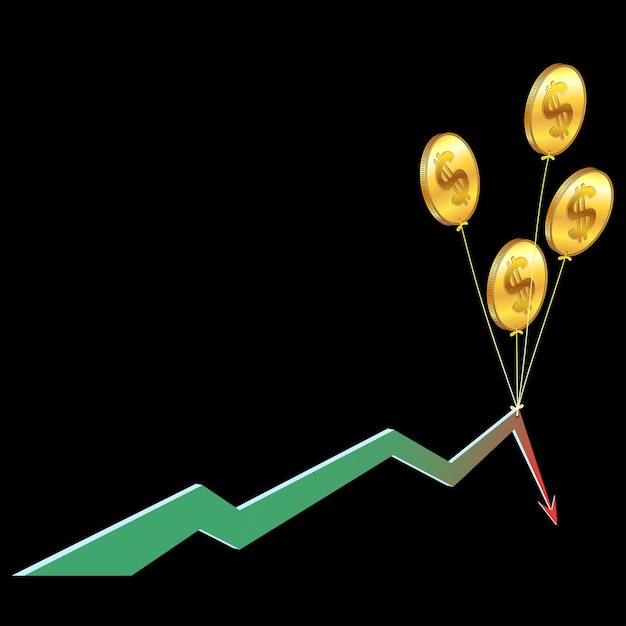 Vetor balões em forma de moedas de dólares americanos dourados seguram uma seta de gráfico caindo isolada em fundo preto