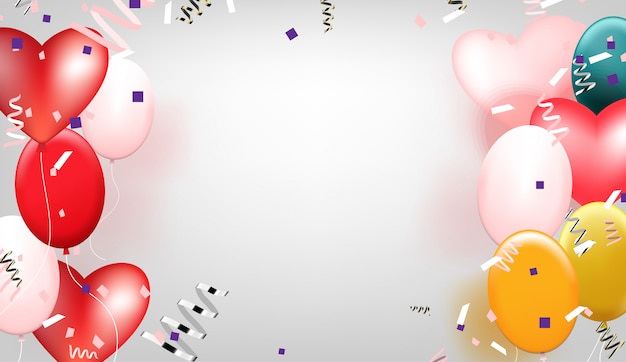 Balões multicoloridos com confetes em fundo cinza