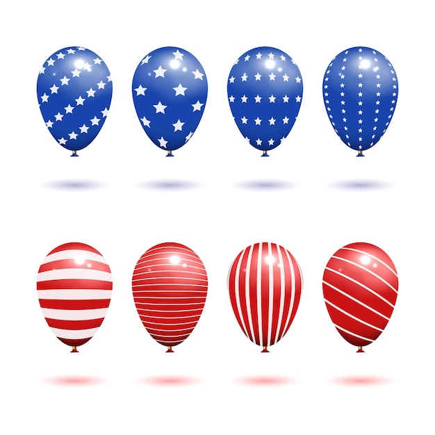Vetor balões na cor azul vermelha e branca com padrão de símbolos de linha e estrela