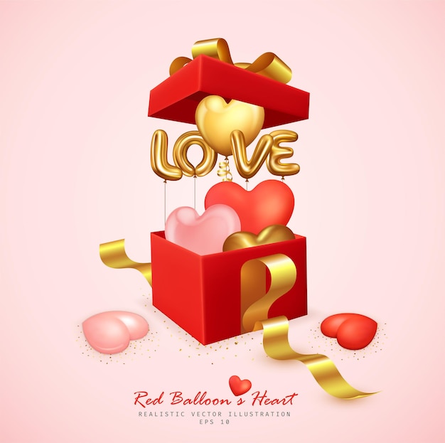 Balões românticos com coração e letra de amor saltam da caixa de presente