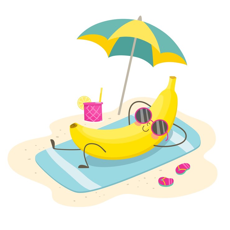 Banana alegre se bronzea na praia sob um guarda-chuva. ilustração em estilo simples dos desenhos animados.
