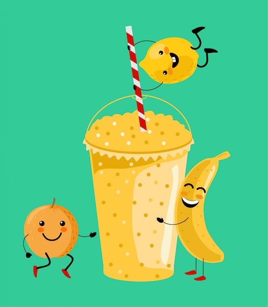 Banana amarela, laranja, vitamina smoothie ilustração de bebida de limão. Frutos de bonito dos desenhos animados com caneca. Saborosa fruta natural, palha e copo com camada amarela de coquetel de smoothie.