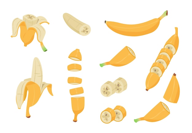 Banana dos desenhos animados. frutas tropicais saudáveis, casca de banana, elementos de clip-art de design simples e descascados