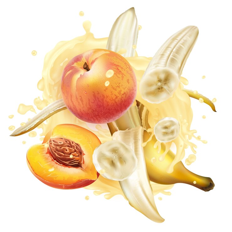 Vetor bananas e pêssegos em um toque de milkshake ou iogurte em um fundo branco.