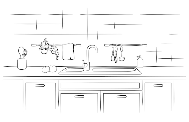 Bancada de cozinha com ilustração vetorial de esboço linear de pia