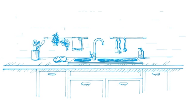 Bancada de cozinha com pia Ilustração vetorial no estilo de desenho Esboço desenhado por uma caneta azul