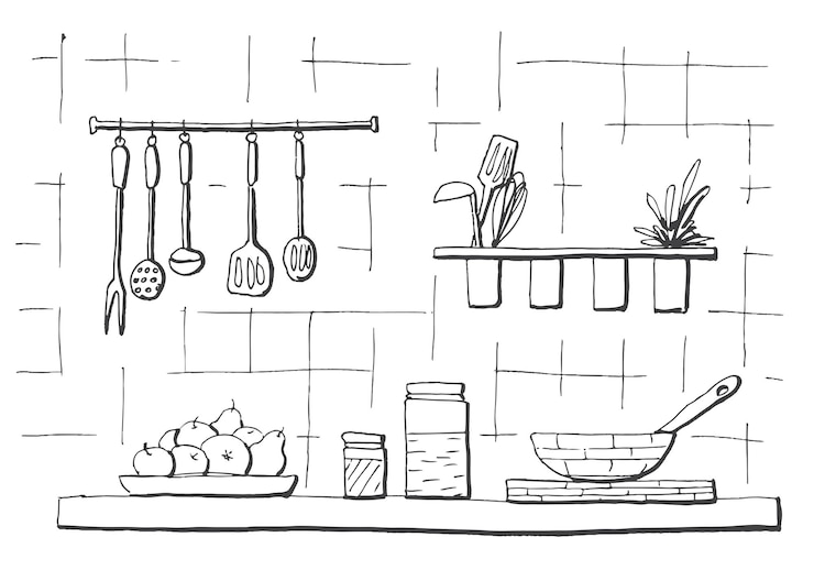 Vetor bancada de cozinha. tampo da mesa na cozinha. ilustração em estilo de desenho.