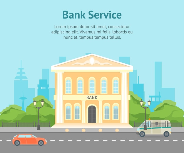 Banco de construção dos desenhos animados em um vetor de cartaz de cartão de fundo de paisagem de cidade