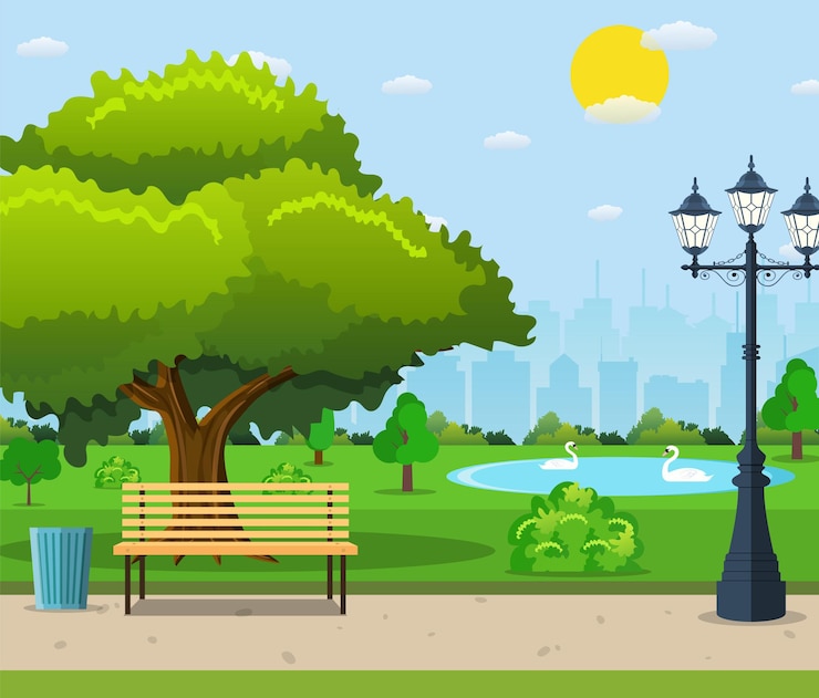Vetor banco do parque da cidade sob uma grande árvore verde e lanterna com paisagem urbana.