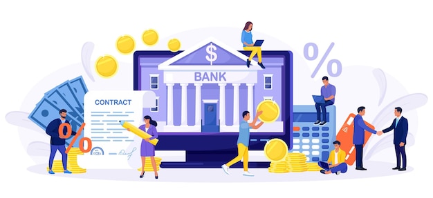 Banco móvel, pagamento online, contabilidade. pessoas que usam smartphone, computador para pagamentos móveis, transferências e depósitos na internet. serviço de banco digital, investimento financeiro. contrato de empréstimo com assinatura