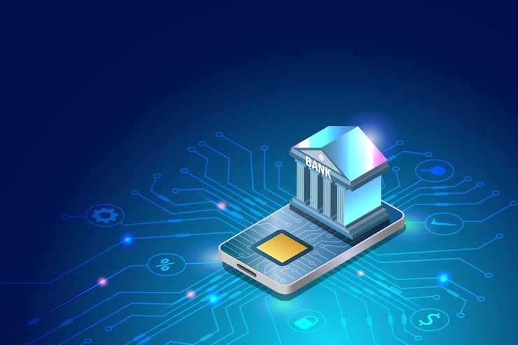 Vetor banco virtual e serviço de internet banking em smartphones com microchip em fundo futurista edifício do banco com sistema de segurança digital de pagamento on-line e tecnologia de inovação financeira