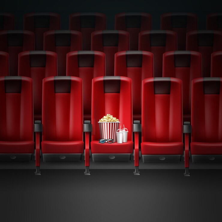 Vetor bancos vetoriais vermelhos modernos e confortáveis no cinema com pocorn, óculos 3d e duas bebidas