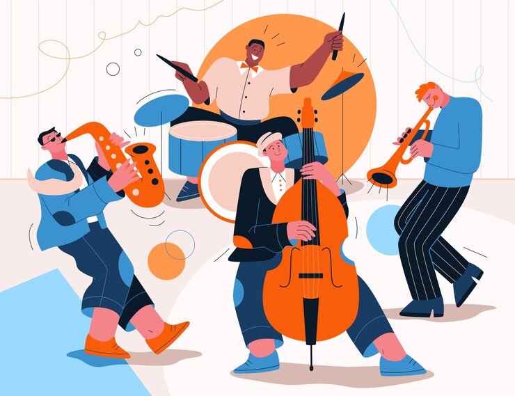 Banda de jazz tocando música em festival, show ou apresentação no palco.