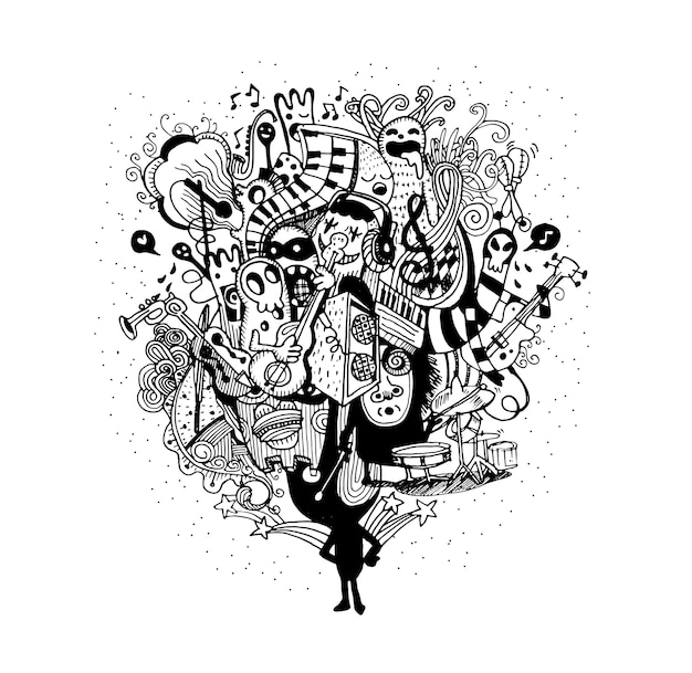 Banda de monstro tocando música mão desenhada estilo