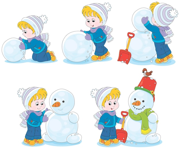 Banda desenhada de desenho vetorial de uma criança fazendo um boneco de neve engraçado de bolas de neve