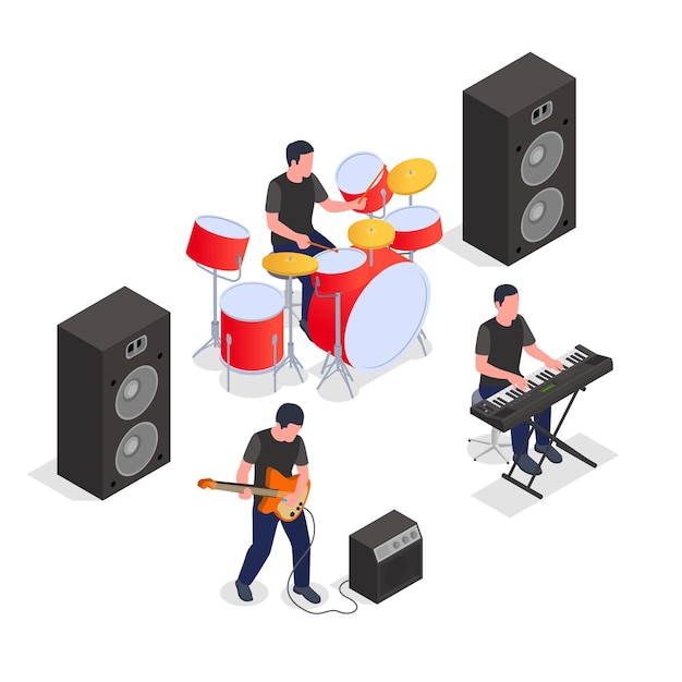 Vetor banda musical dando concerto tocando instrumentos musicais 3d ilustração vetorial isométrica