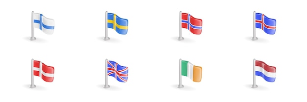 Bandeira 3D da Finlândia Suécia Noruega Islândia Dinamarca Grã-Bretanha Inglaterra Irlanda Países Baixos
