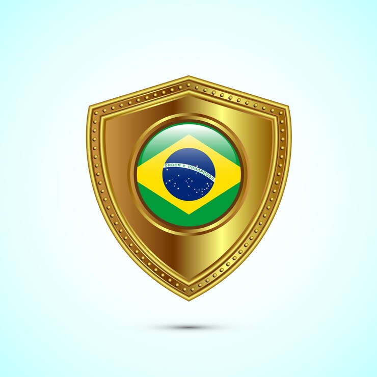 Vetor bandeira arredondada do brasil com escudo dourado brilhante