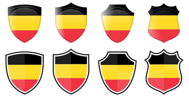Bandeira belga vertical em forma de escudo, quatro versões 3d e simples. ícone/sinal da Bélgica