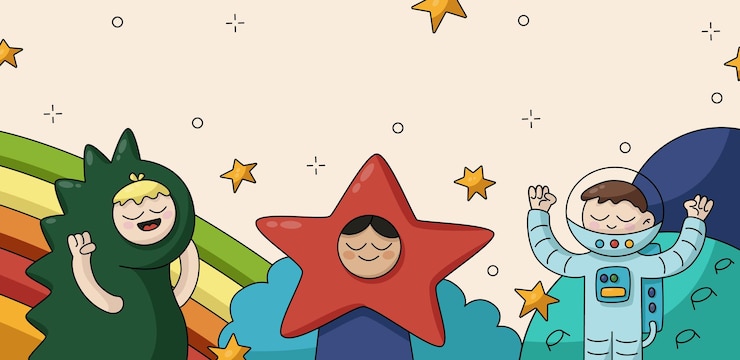 Vetor bandeira colorida do fundo do vetor dos desenhos animados três crianças nos trajes